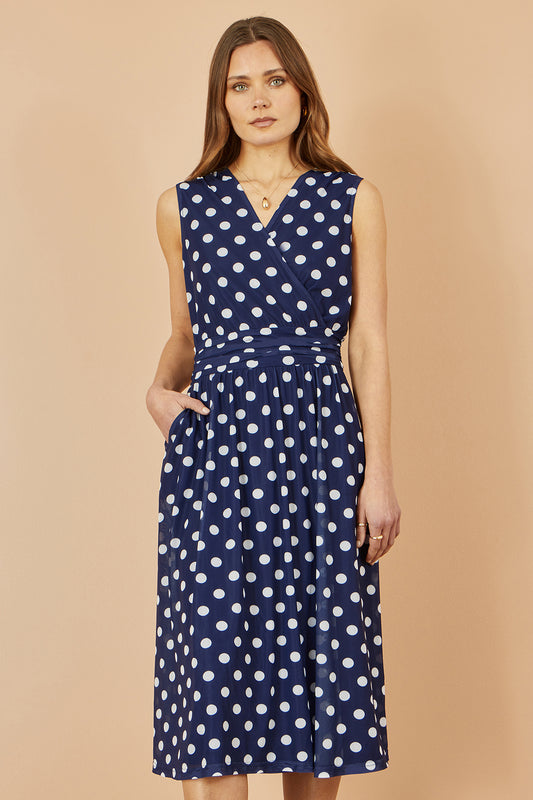 Yumi Navy Polka Dot Mesh Wrap Skater Dress With Pockets Dress Occasion Yumi