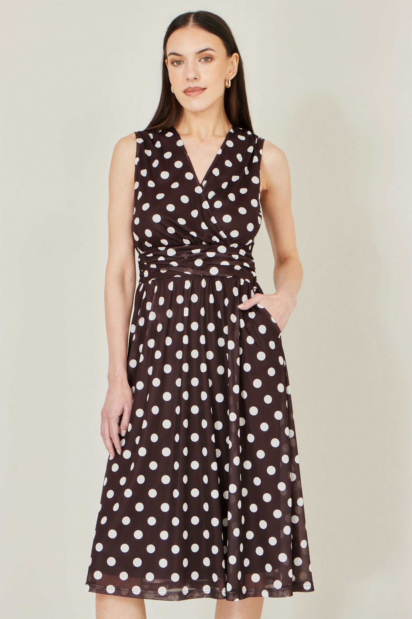 Yumi Brown Polka Dot Mesh Wrap Skater Dress With Pockets Dress Occasion Yumi
