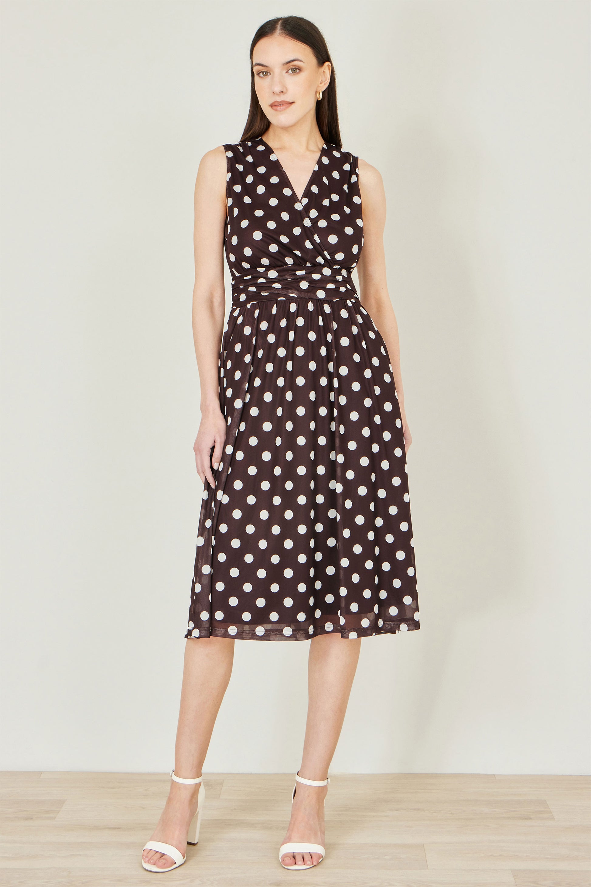 Yumi Brown Polka Dot Mesh Wrap Skater Dress With Pockets Dress Occasion Yumi