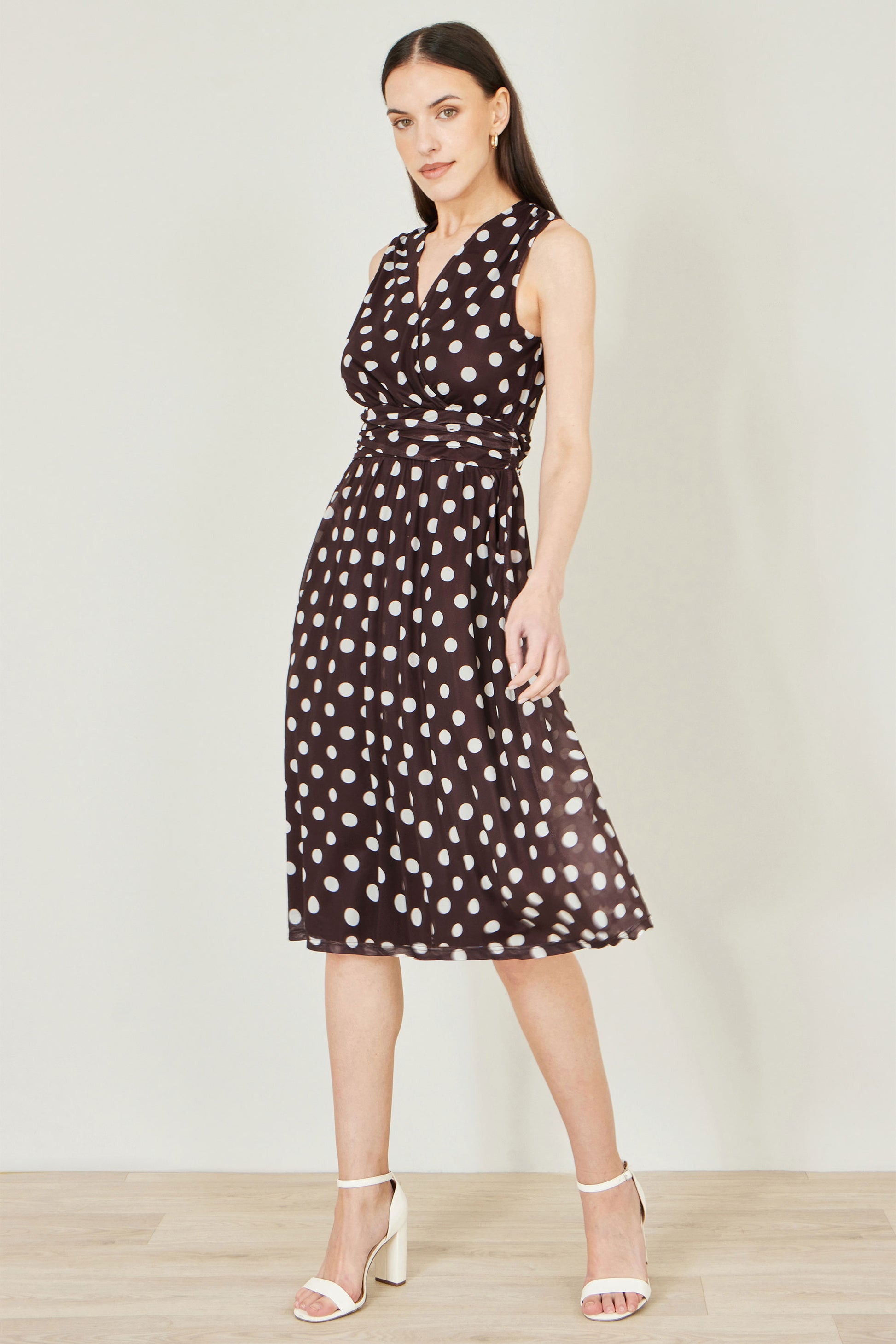 Yumi Brown Polka Dot Mesh Wrap Skater Dress With Pockets Dress Occasion Yumi