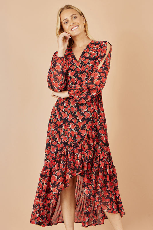 Yumi Red Rose Print Dipped Hemline Midi Dress With Open Long Sleeves Dress Occasion Yumi