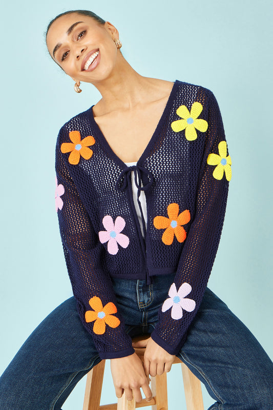 Yumi Navy Tie Front Cardigan With Flower Design Knit Cardigan Yumi