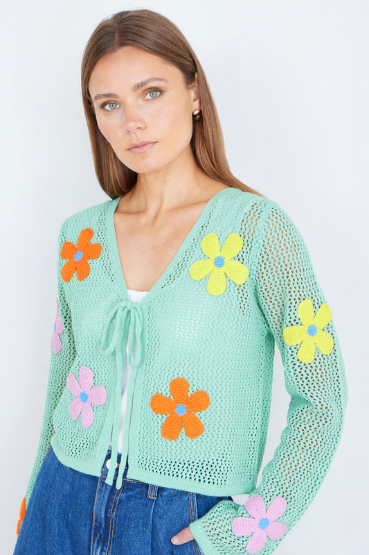 Yumi Mint Tie Front Cardigan With Flower Design Knit Cardigan Yumi