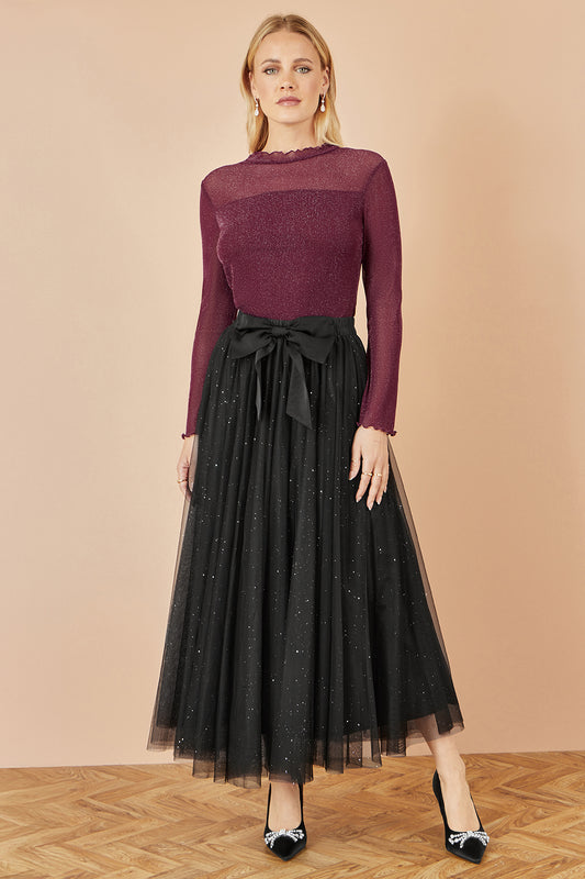 Yumi Black Sparkle Mesh Tulle Skirt With Satin Bow Skirts Yumi