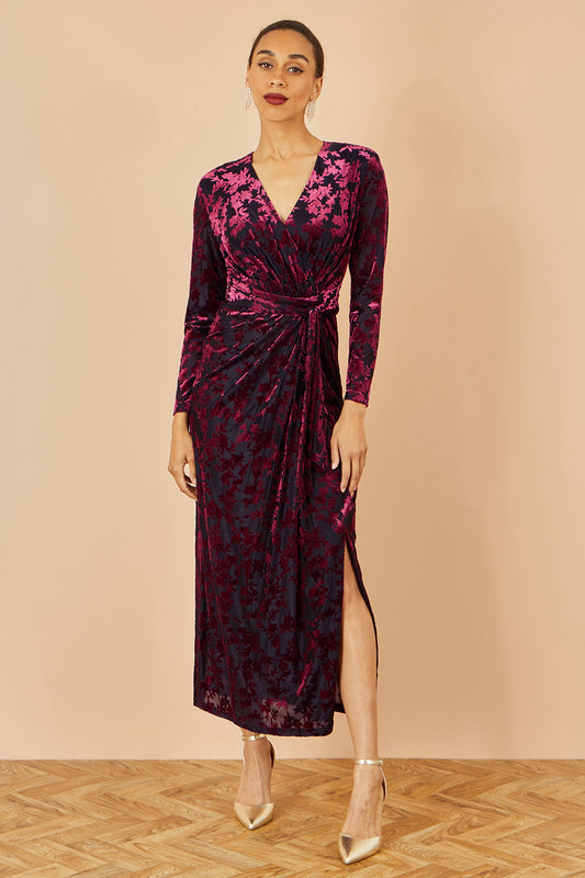 Yumi Burgundy Velour Stretch Midi Dress With Long Sleeves Dress Party Yumi