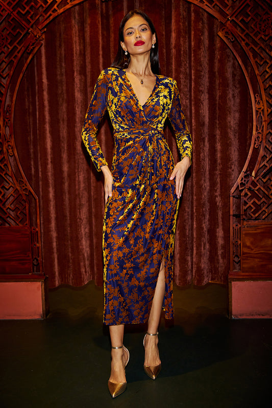 Yumi Navy Velour Stretch Midi Dress With Long Sleeves Dress Party Yumi