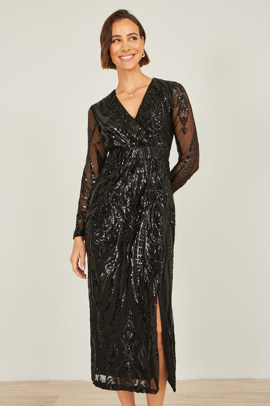 Yumi Black Sequin Midi Wrap Dress With Split Hemline And Long Sleeves Dress Party Yumi