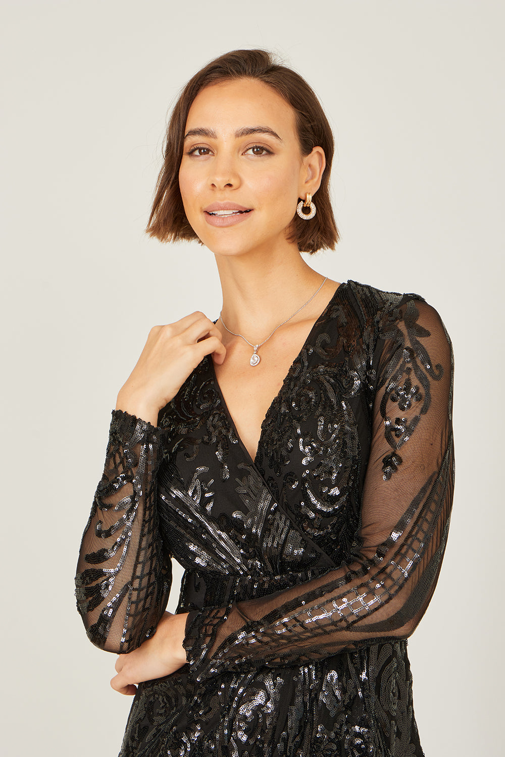 Yumi Black Sequin Midi Wrap Dress With Split Hemline And Long Sleeves Dress Party Yumi
