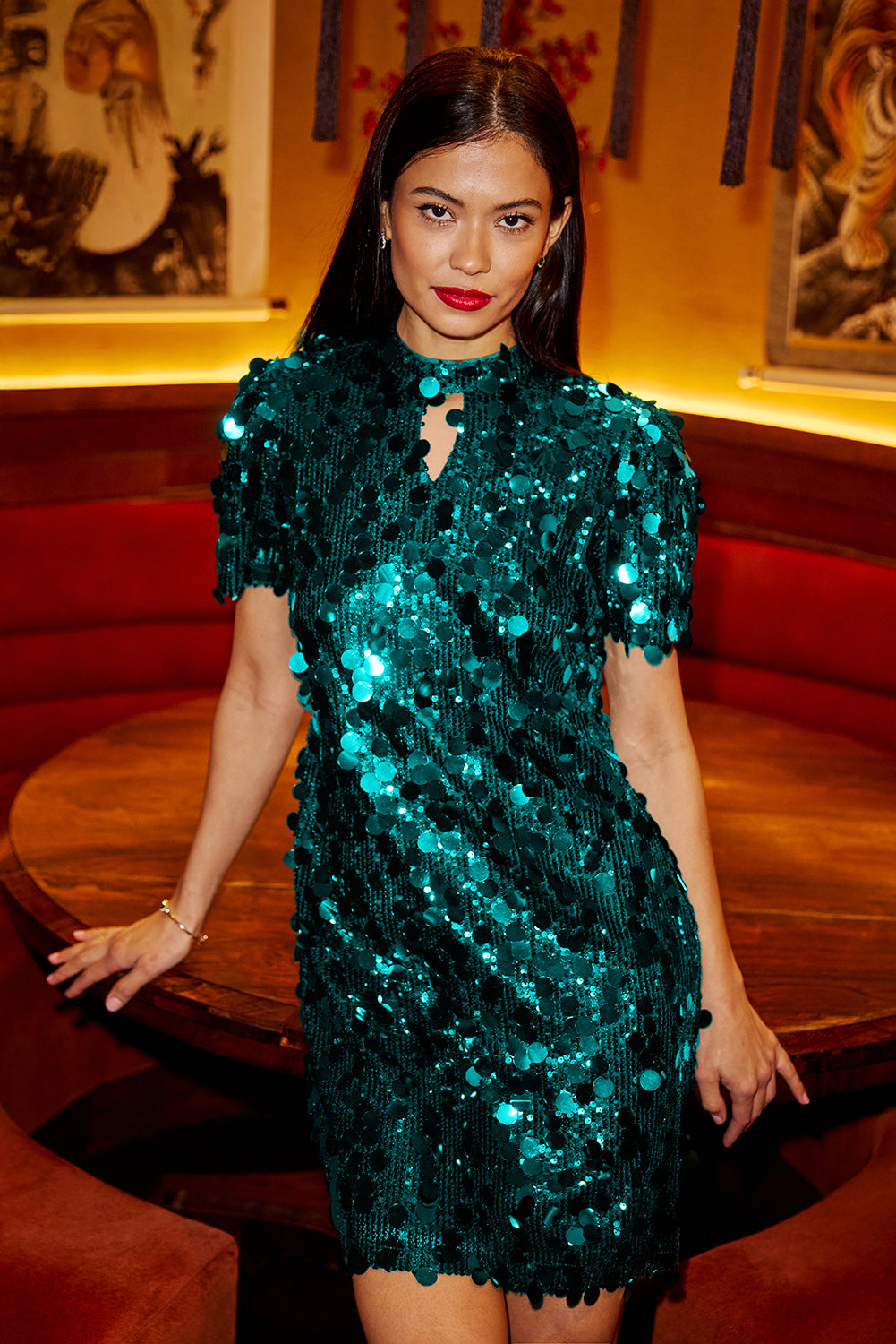 Yumi Green Big Sequin Tunic With Keyhole Neckline Dress Party Yumi