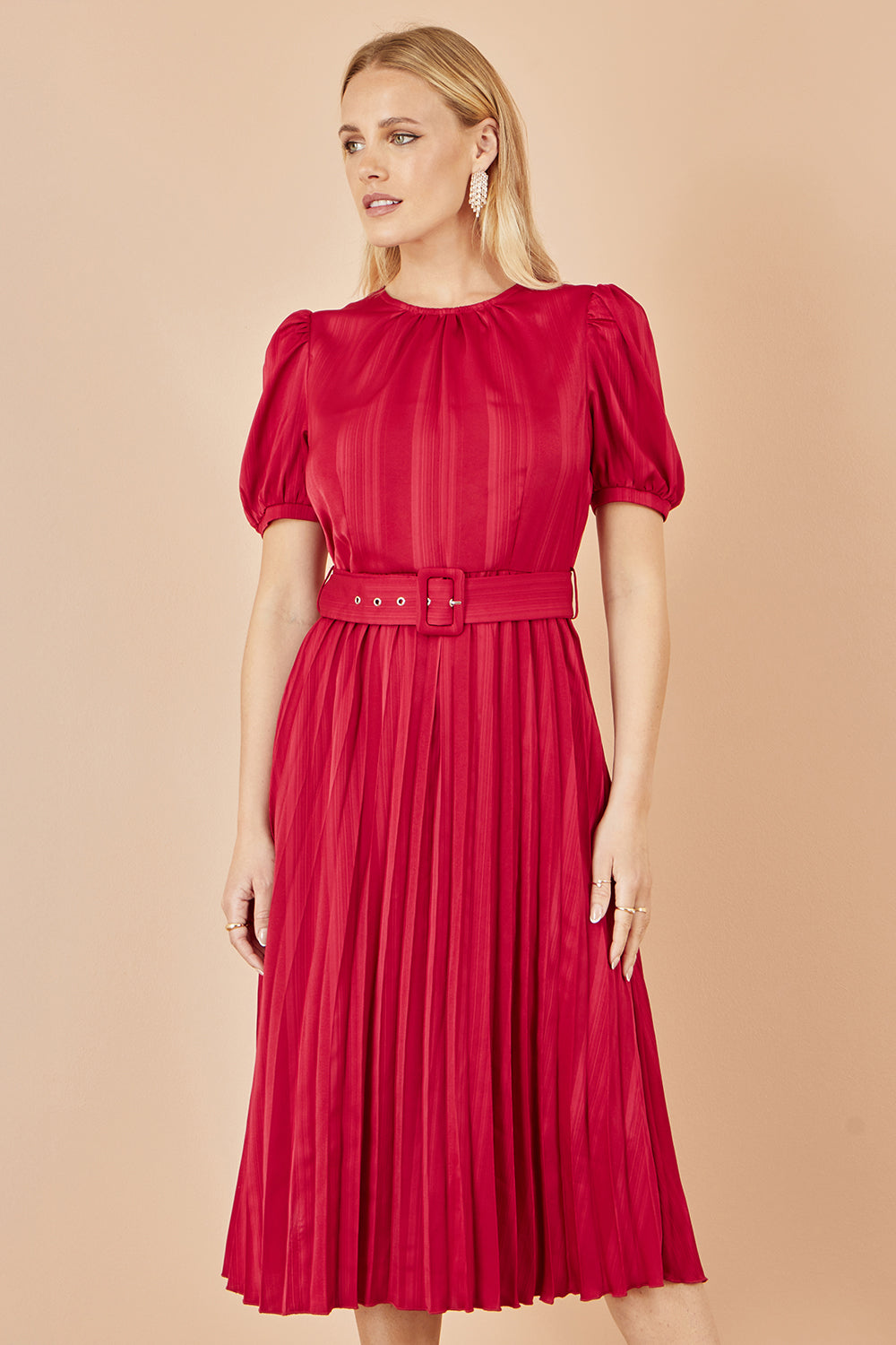 Yumi Red Satin Striped Midi Dress With Pleats and Matching Belt Dress Occasion Yumi