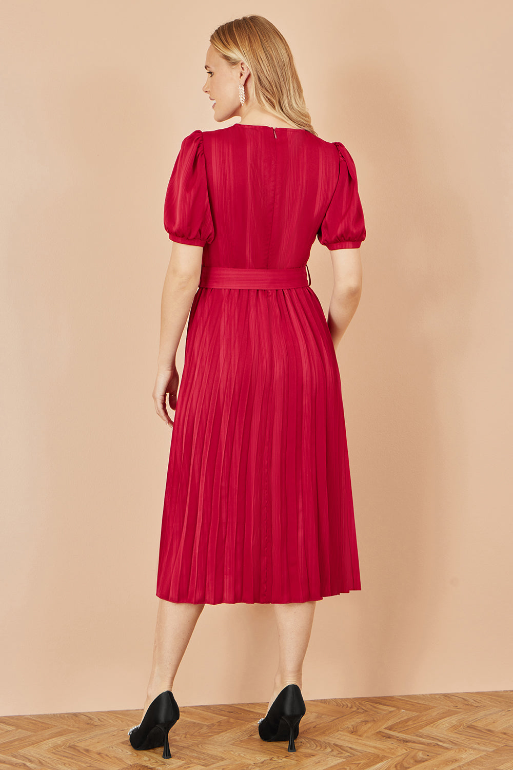 Yumi Red Satin Striped Midi Dress With Pleats and Matching Belt Dress Occasion Yumi