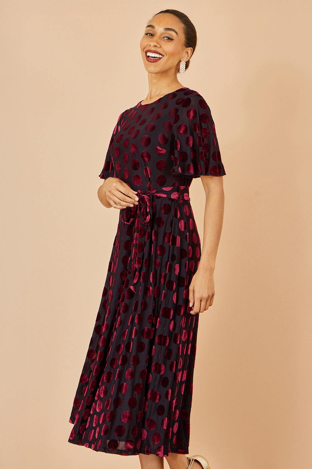 Yumi Burgundy Velour Spot Midi Skater Dress Dress Party Yumi