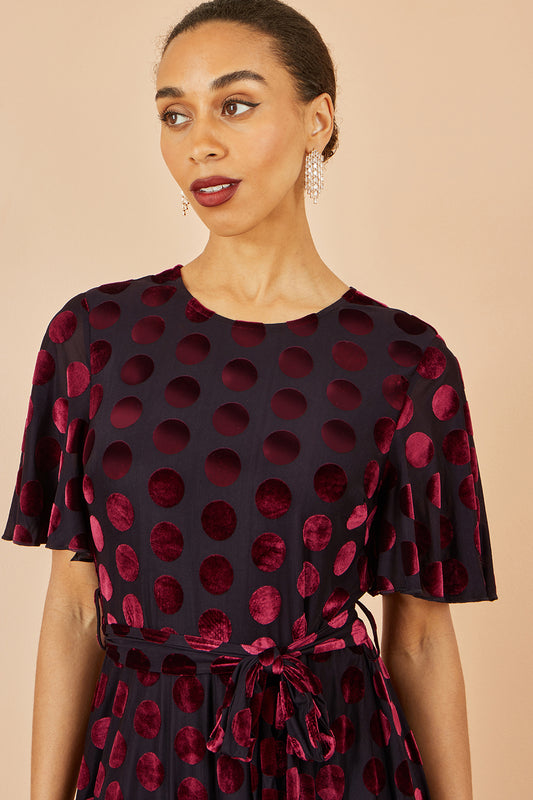 Yumi Burgundy Velour Spot Midi Skater Dress Dress Party Yumi