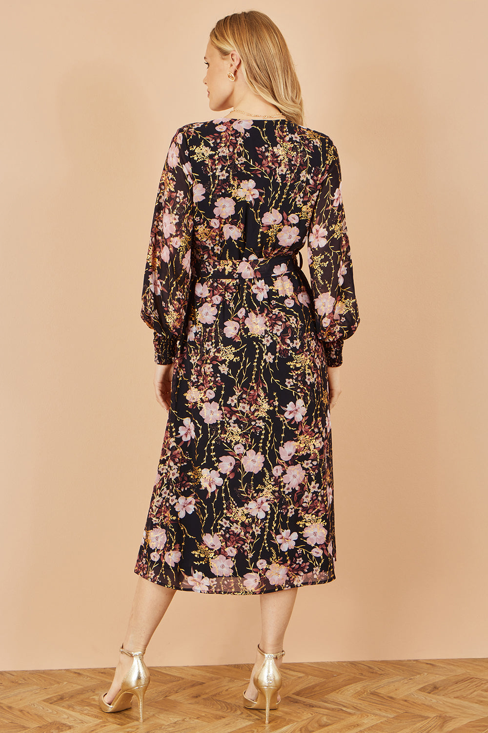 Yumi Black Foiled Floral Print Wrap Midi Dress Dress Occasion Yumi