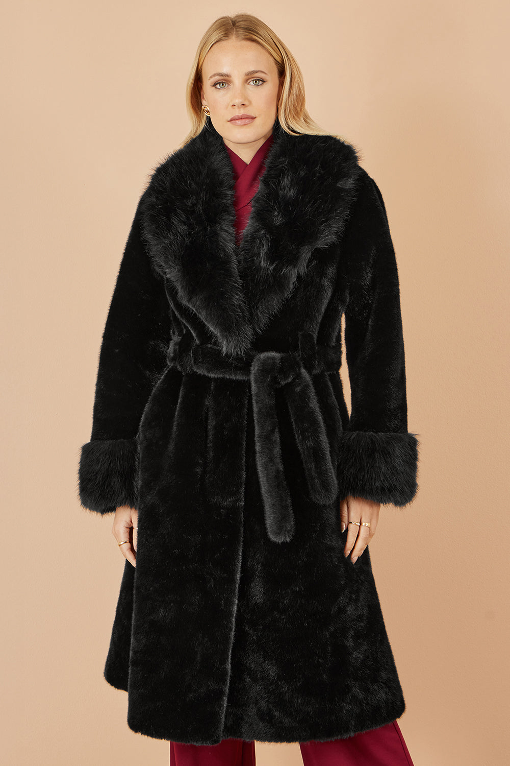 Yumi Black Wrap Faux Fur Coat With Oversize Collar COAT Yumi