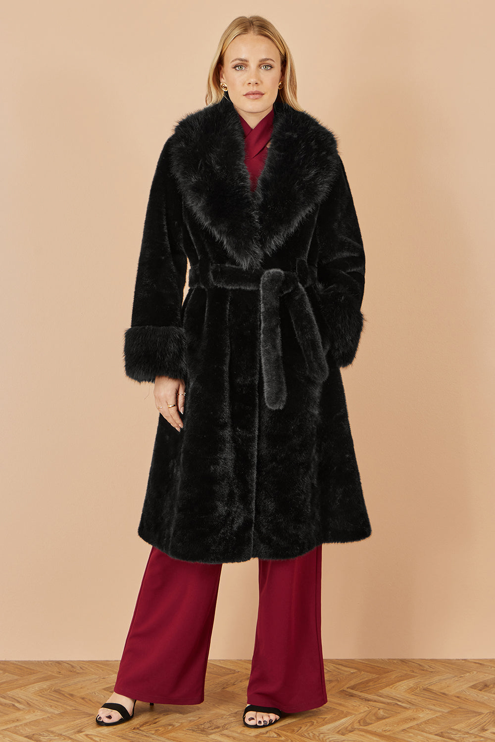 Yumi Black Wrap Faux Fur Coat With Oversize Collar COAT Yumi