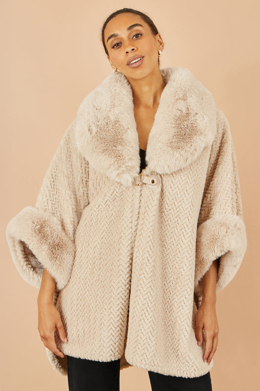 Yumi Beige Textured Fur Lined Cape CAPE Yumi