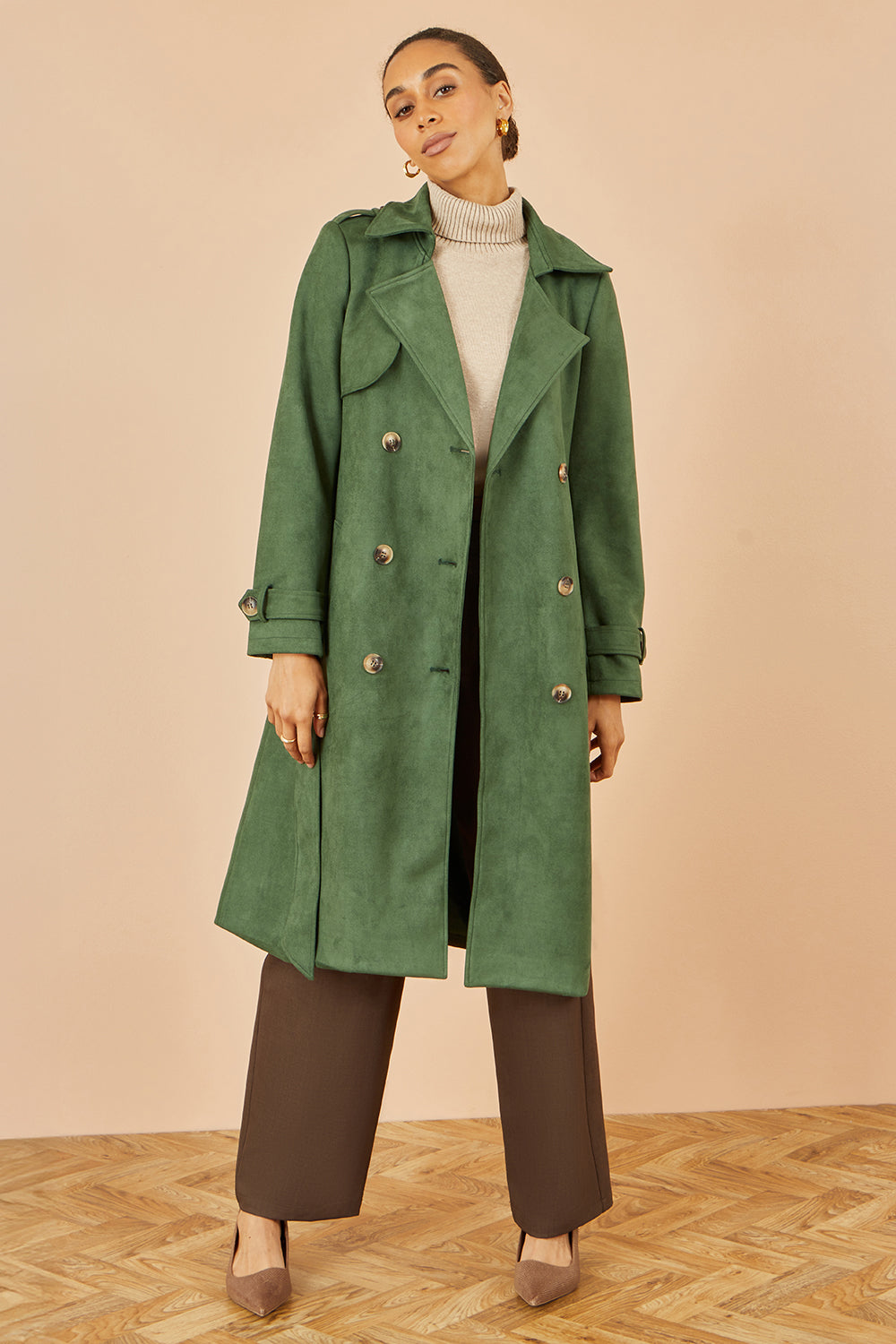 Yumi Green Faux Suede Trench Coat COAT Yumi
