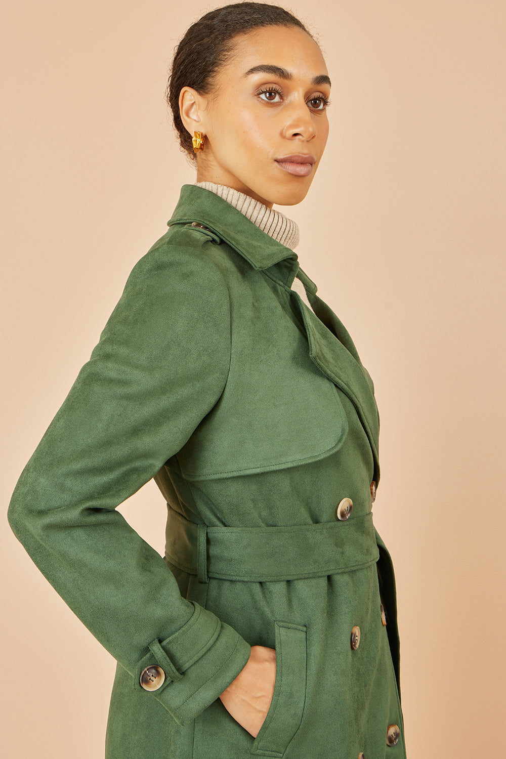 Yumi Green Faux Suede Trench Coat COAT Yumi
