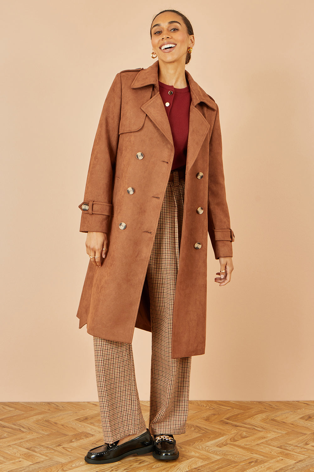 Yumi Brown Faux Suede Trench Coat COAT Yumi