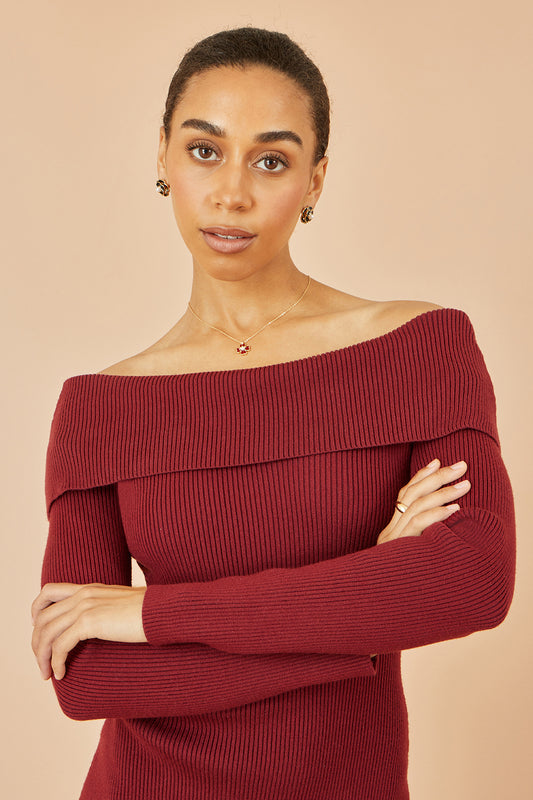 Yumi Burgundy Bardot Knitted Fitted Midi Dress Knit Dress Yumi