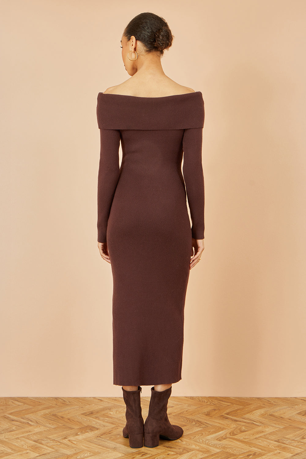 Yumi Brown Bardot Knitted Fitted Midi Dress Knit Dress Yumi