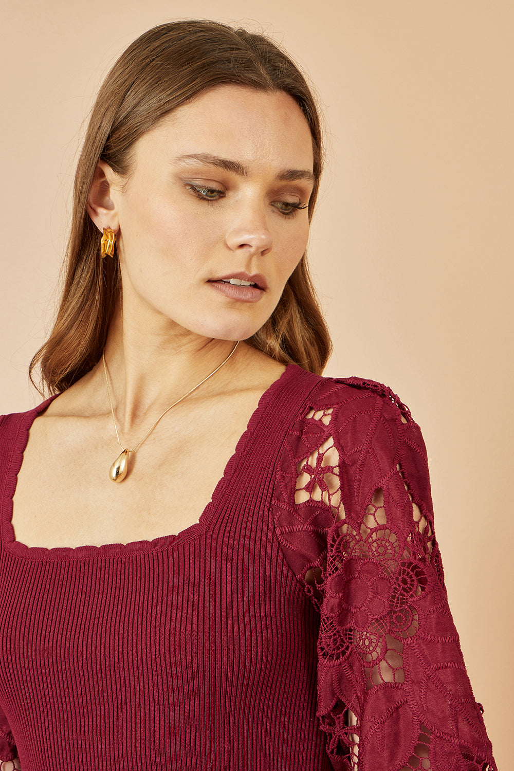 Yumi Burgundy Ribbed Knitted Top With Lace Sleeves Knit Jumper Yumi