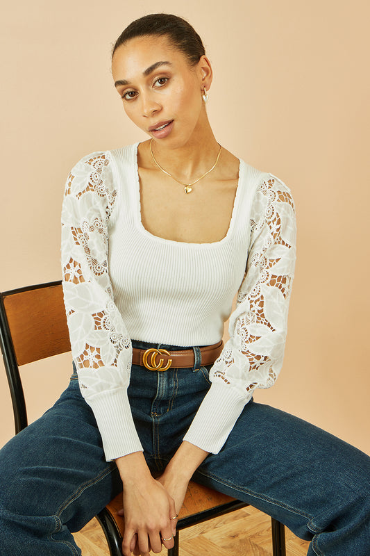 Yumi White Ribbed Knitted Top With Lace Sleeves Knit Jumper Yumi