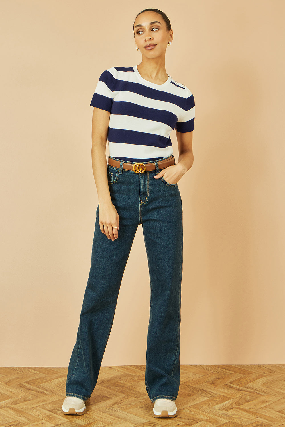 Yumi Navy Block Stripe Knitted Top With Button Details Knit Jumper Yumi