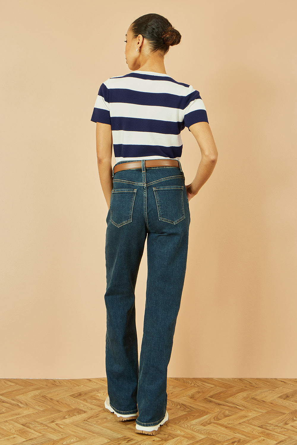 Yumi Navy Block Stripe Knitted Top With Button Details Knit Jumper Yumi