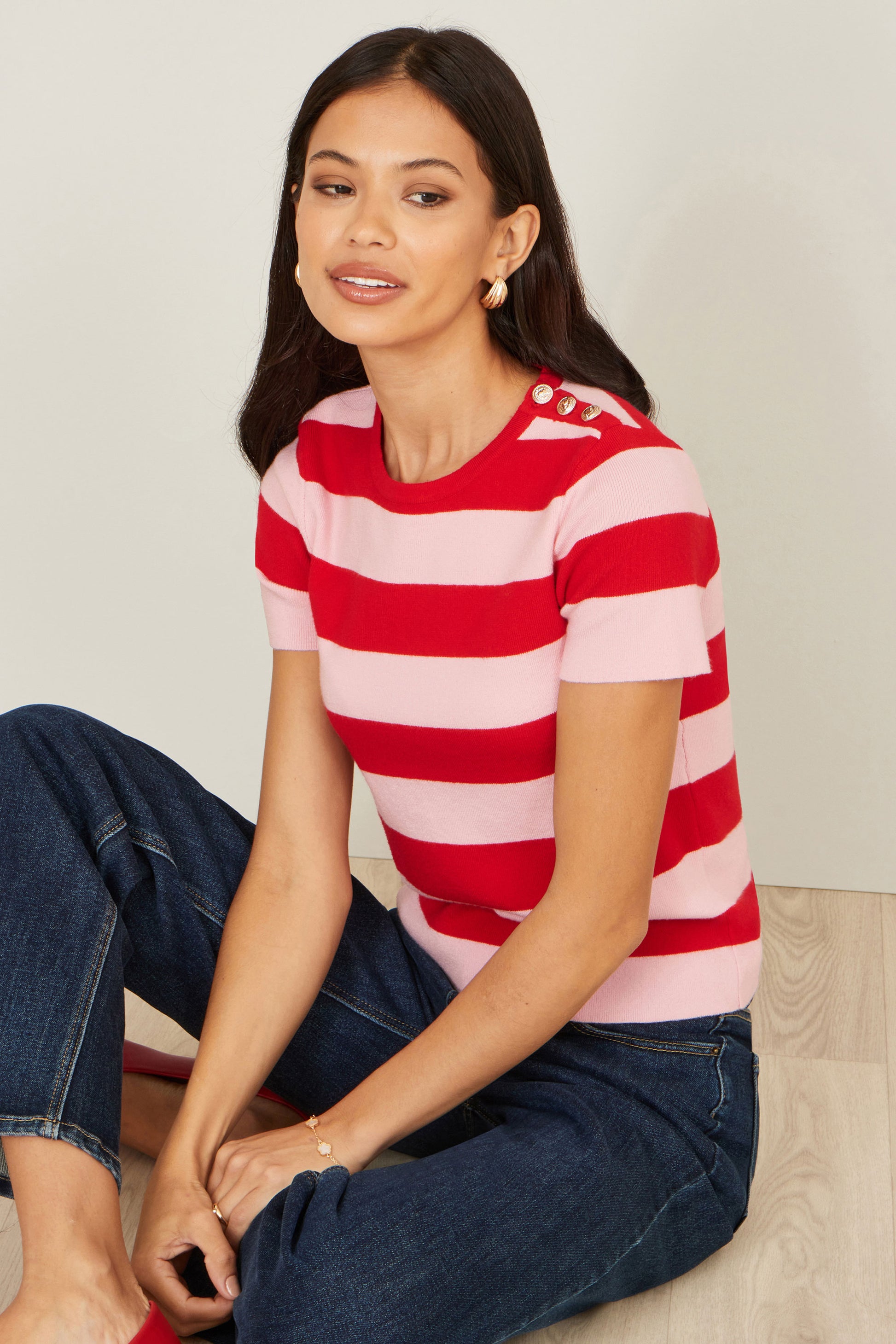Yumi Red Block Stripe Knitted Top With Button Details Knit Top Yumi