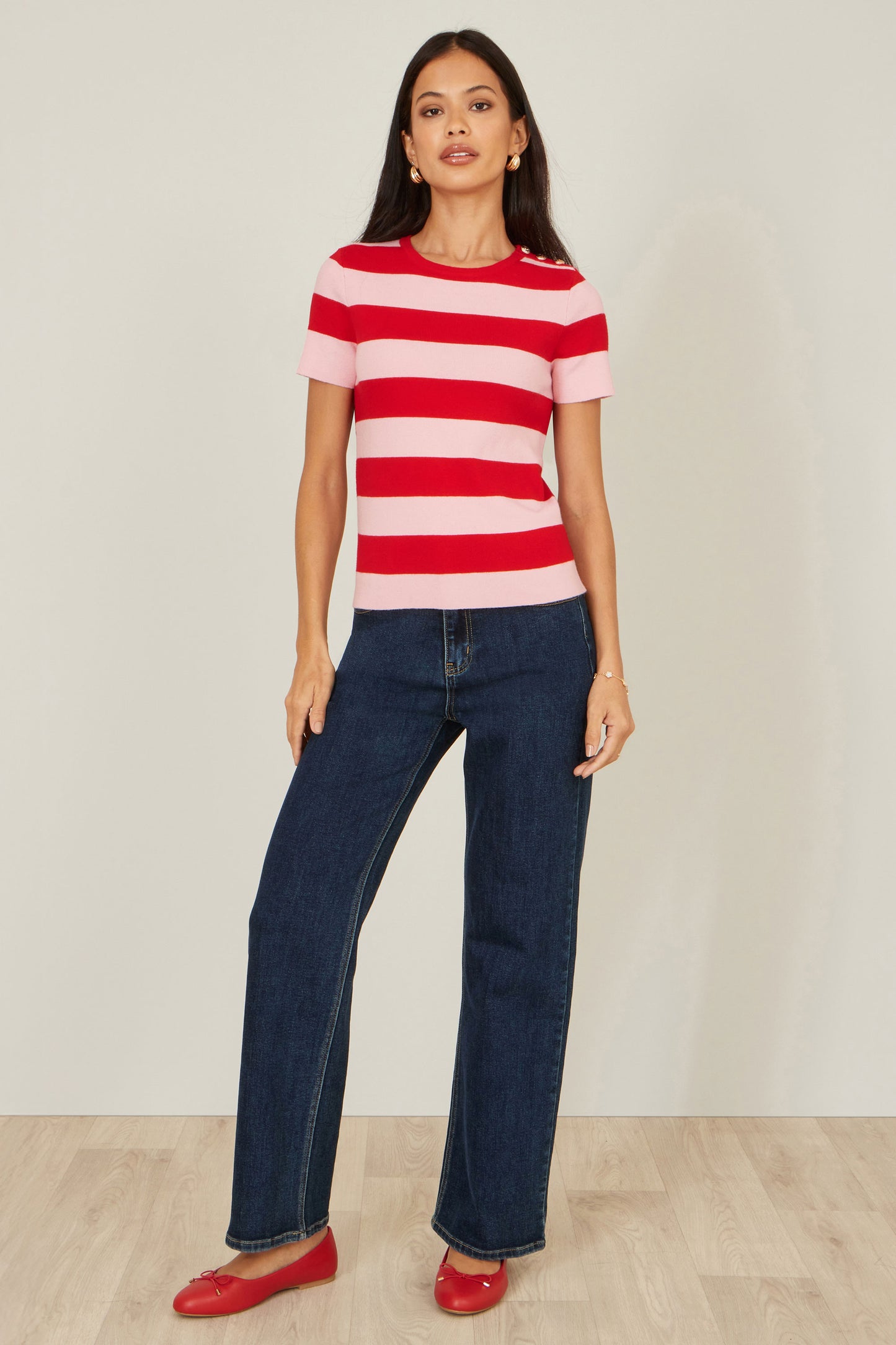 Yumi Red Block Stripe Knitted Top With Button Details Knit Top Yumi