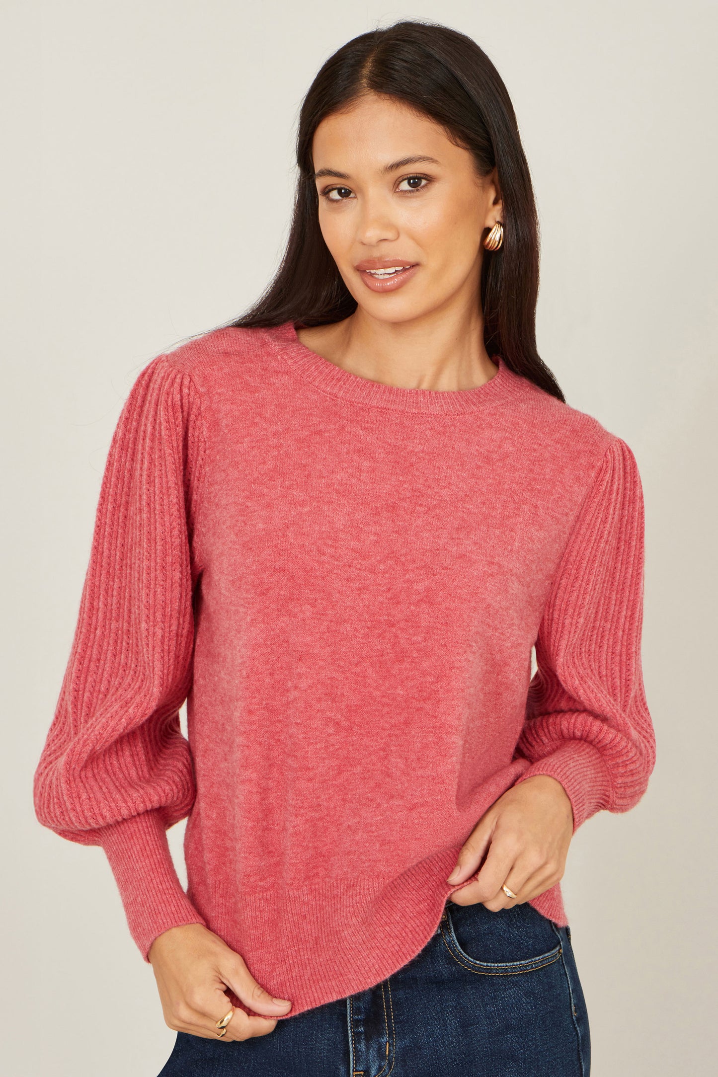 Yumi Pink Knitted Balloon Sleeve Jumper Knit Jumper Yumi