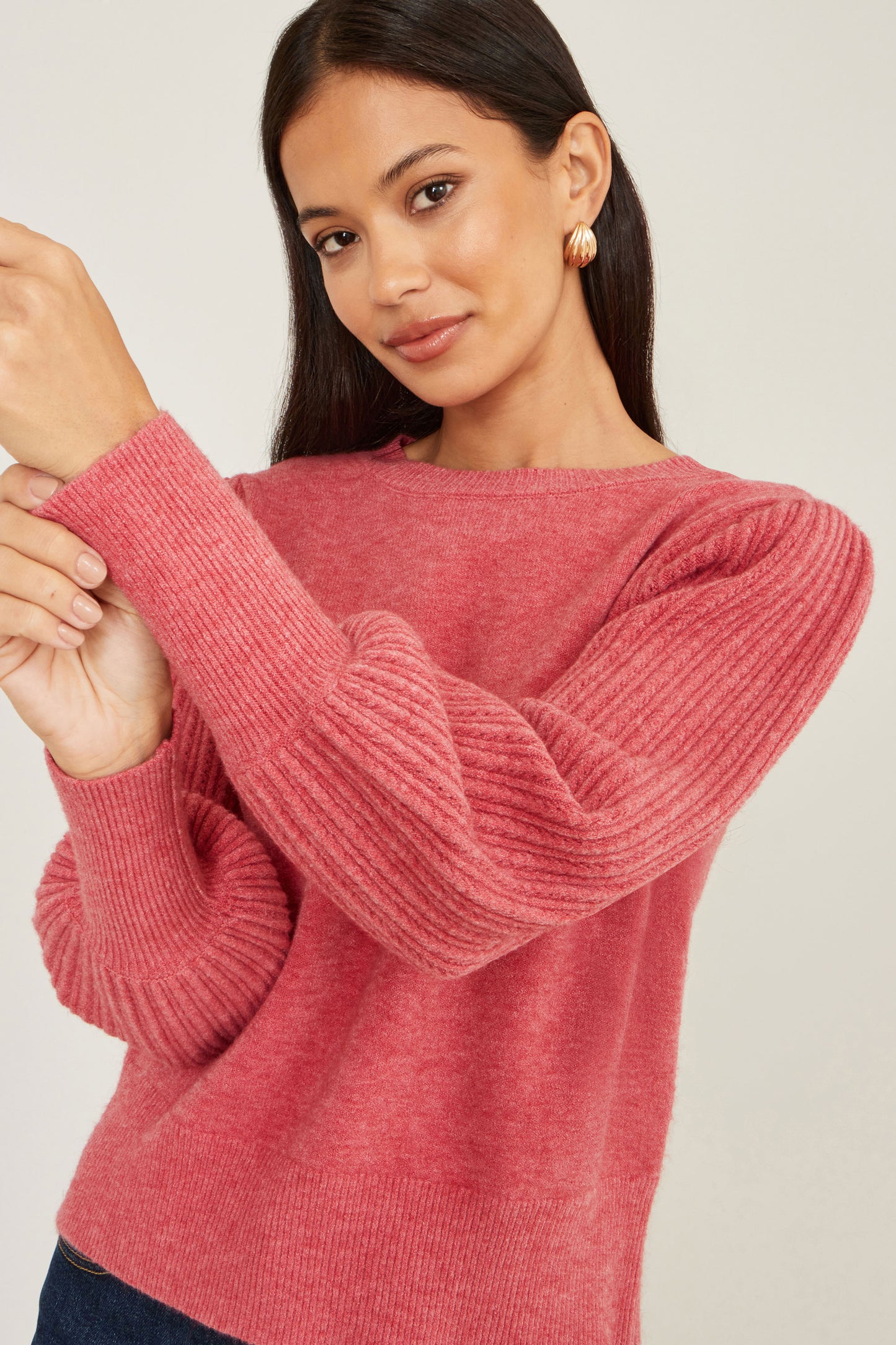 Yumi Pink Knitted Balloon Sleeve Jumper Knit Jumper Yumi