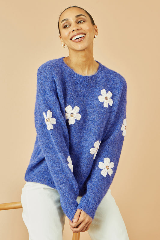 Yumi Blue Relaxed Jumper With Crochet Flowers Knit Jumper Yumi