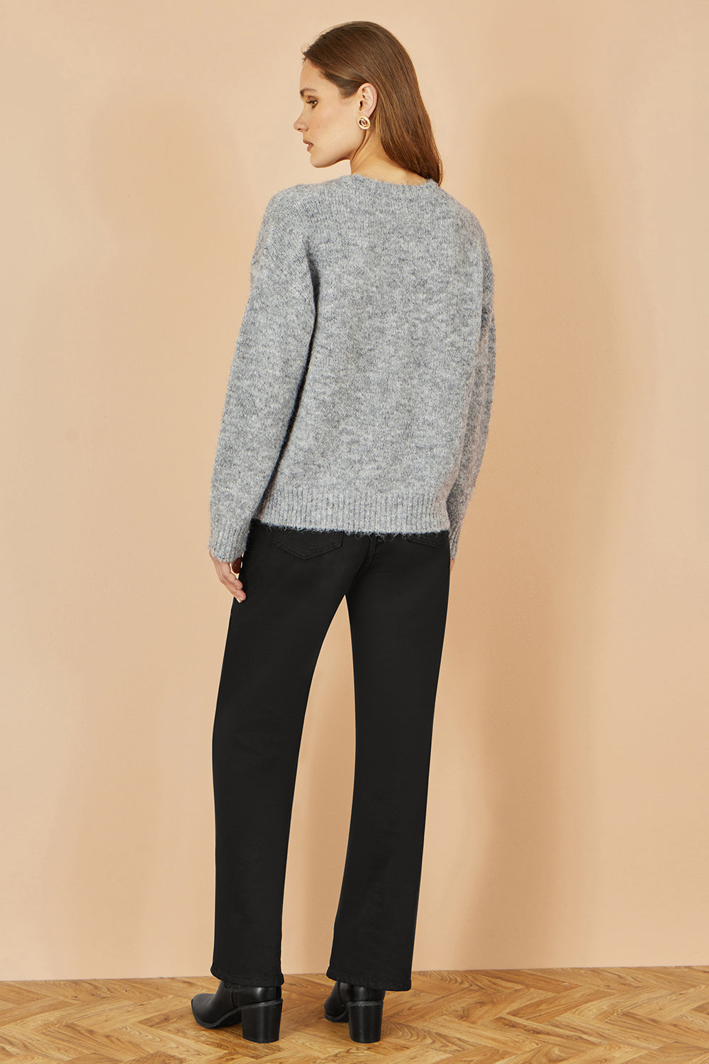 Yumi Grey Relaxed Jumper With Crochet Flowers Knit Jumper Yumi