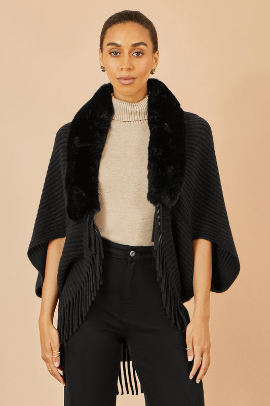 Yumi Black Fur Collar Shrug With Tassel Hem Knit Cardigan Yumi