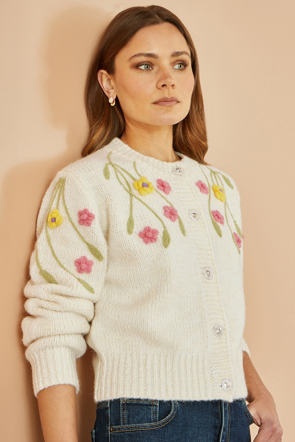 Yumi Beige Flower Embroidered Chunky Knit Cardigan Knit Cardigan Yumi