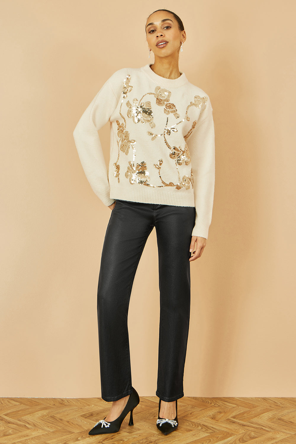 Yumi Cream Relaxed Knitted Jumper With Sequin Detail Knit Xmas Jumper Yumi