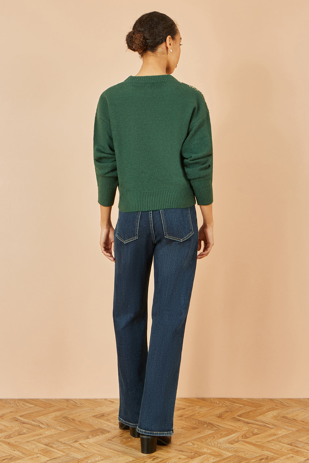 Yumi Green Relaxed Knitted Jumper With Scattered Sequin Neckline Knit Xmas Jumper Yumi