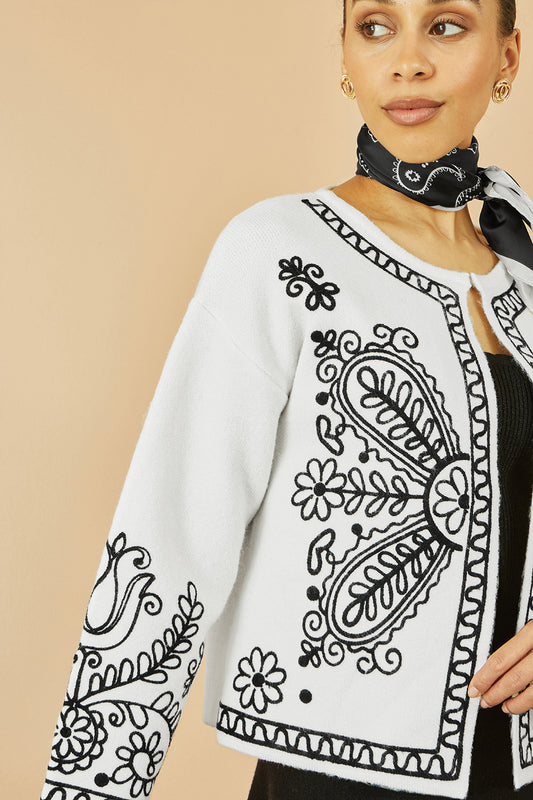 Yumi Ivory Folk Embroidered Edge To Edge Cardigan Knit Cardigan Yumi