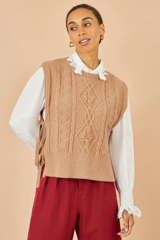 Yumi Camel Flower Cable Knit Tie Side Pullover Knit Pullover Yumi