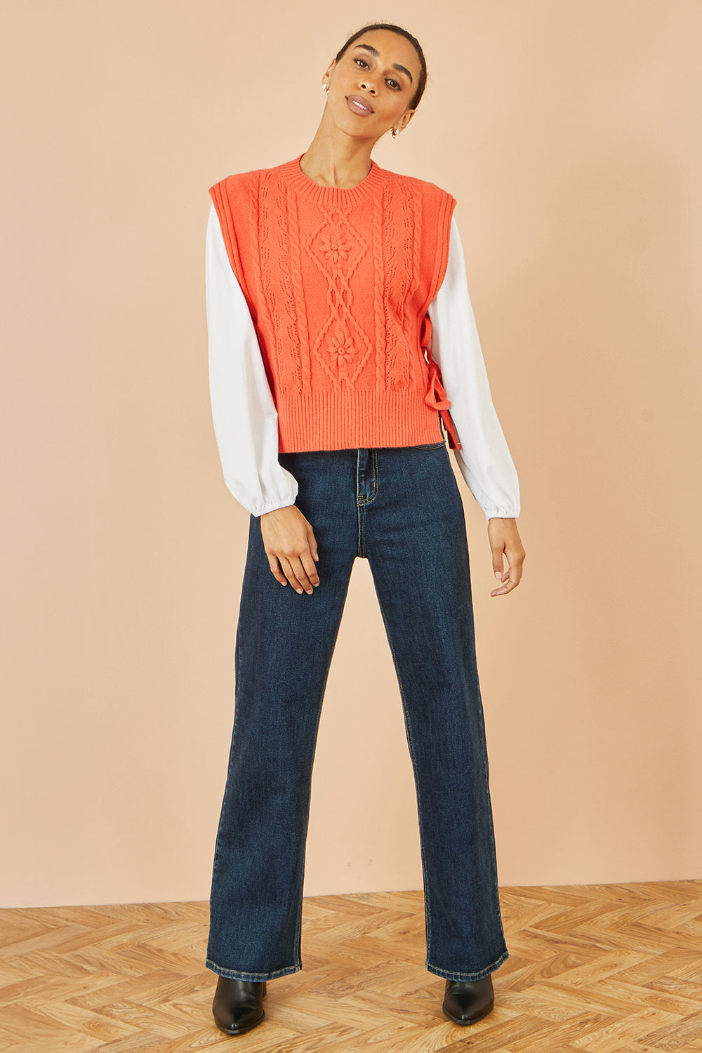 Yumi Orange Flower Cable Knit Tie Side Pullover Knit Pullover Yumi