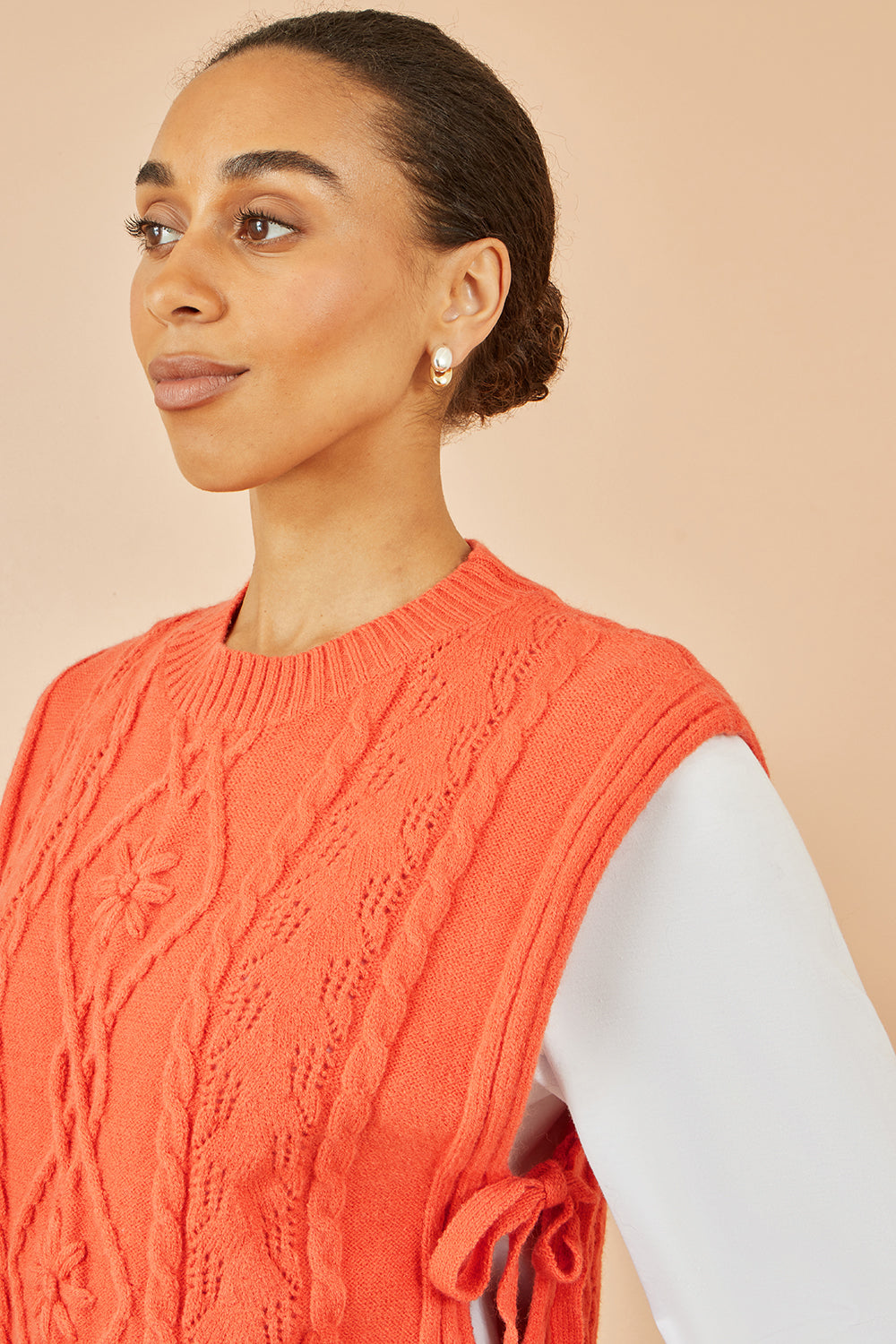 Yumi Orange Flower Cable Knit Tie Side Pullover Knit Pullover Yumi