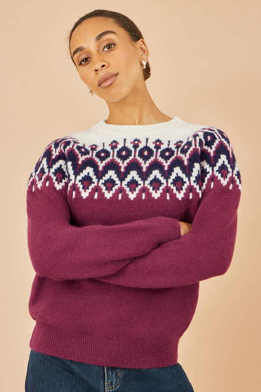 Yumi Burgundy Fair isle Relaxed Fit Knitted Jumper Knit Xmas Jumper Yumi