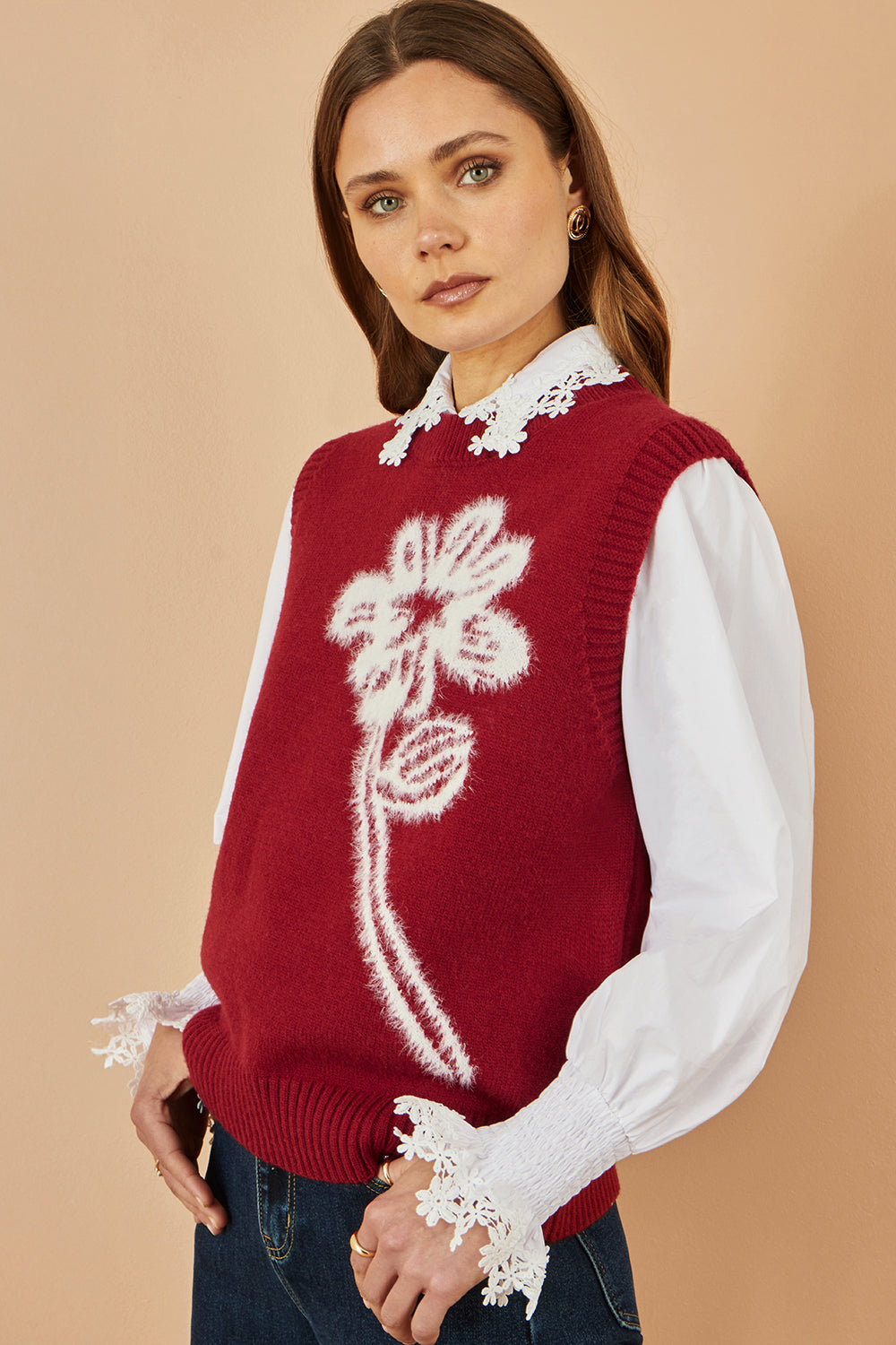 Yumi Burgundy Knitted Flower Sleeveless Jumper Vest Knit Pullover Yumi