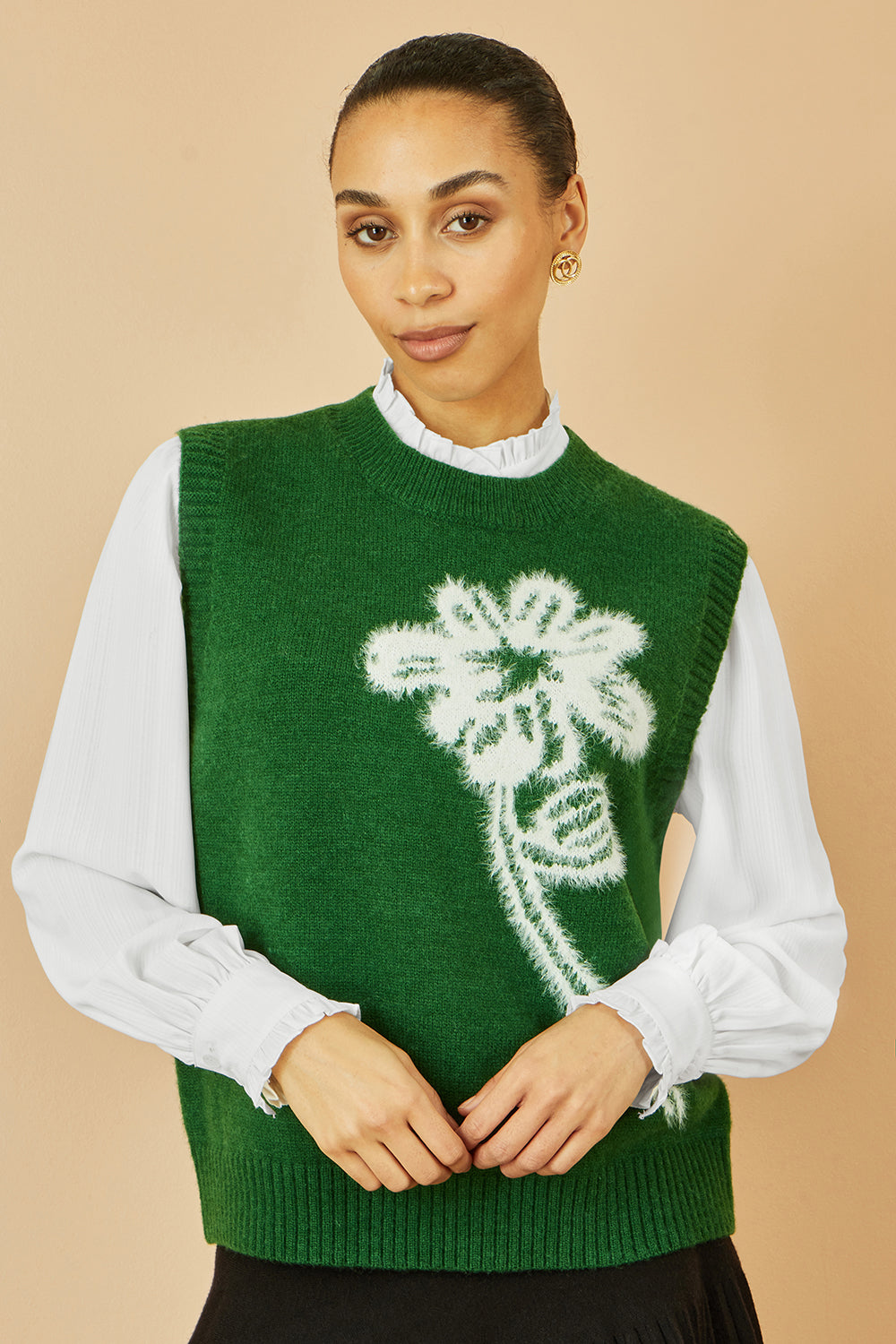 Yumi Green Knitted Flower Sleeveless Jumper Vest Knit Pullover Yumi