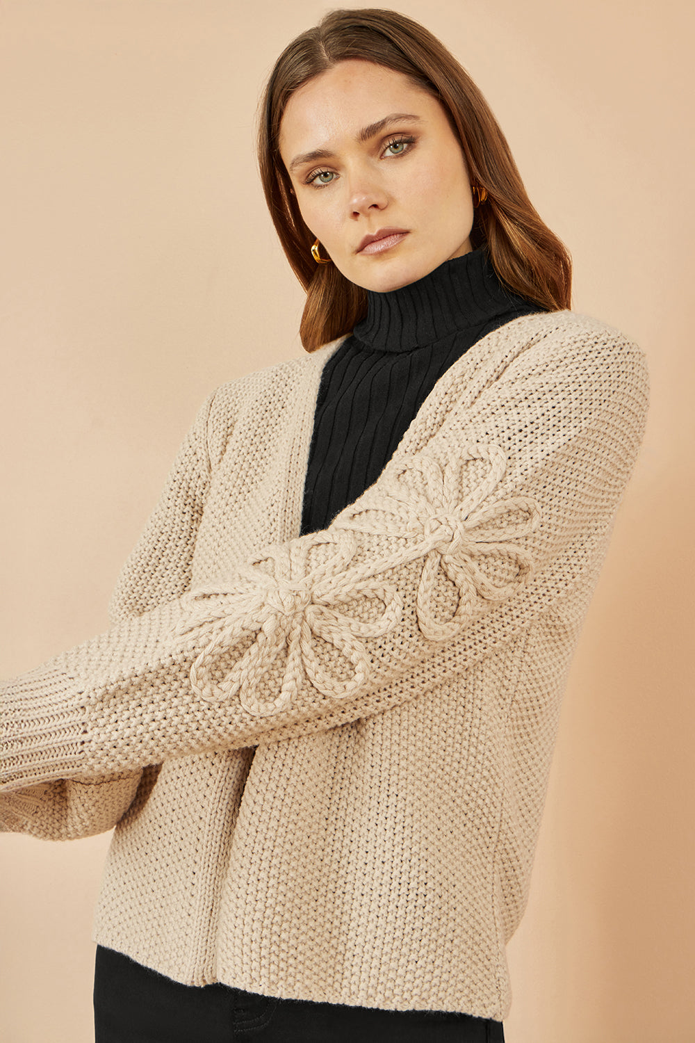 Yumi Beige Edge to Edge Cardigan With Flower Detail Sleeves Knit Cardigan Yumi