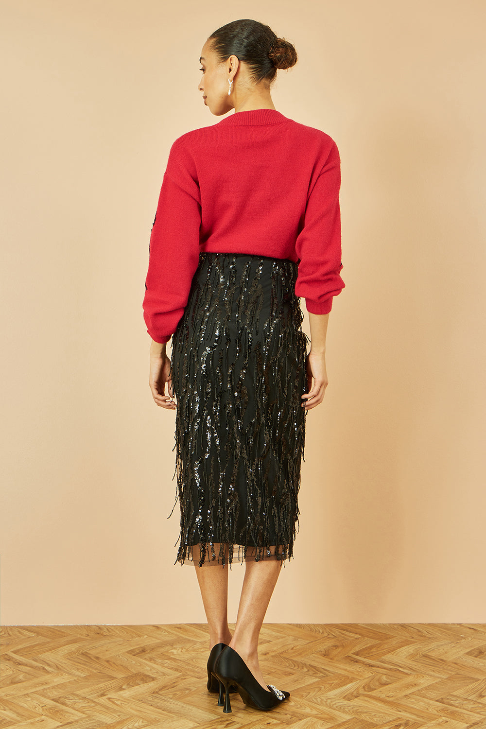 Yumi Red Sequinned Bow Neckline Jumper Knit Xmas Jumper Yumi