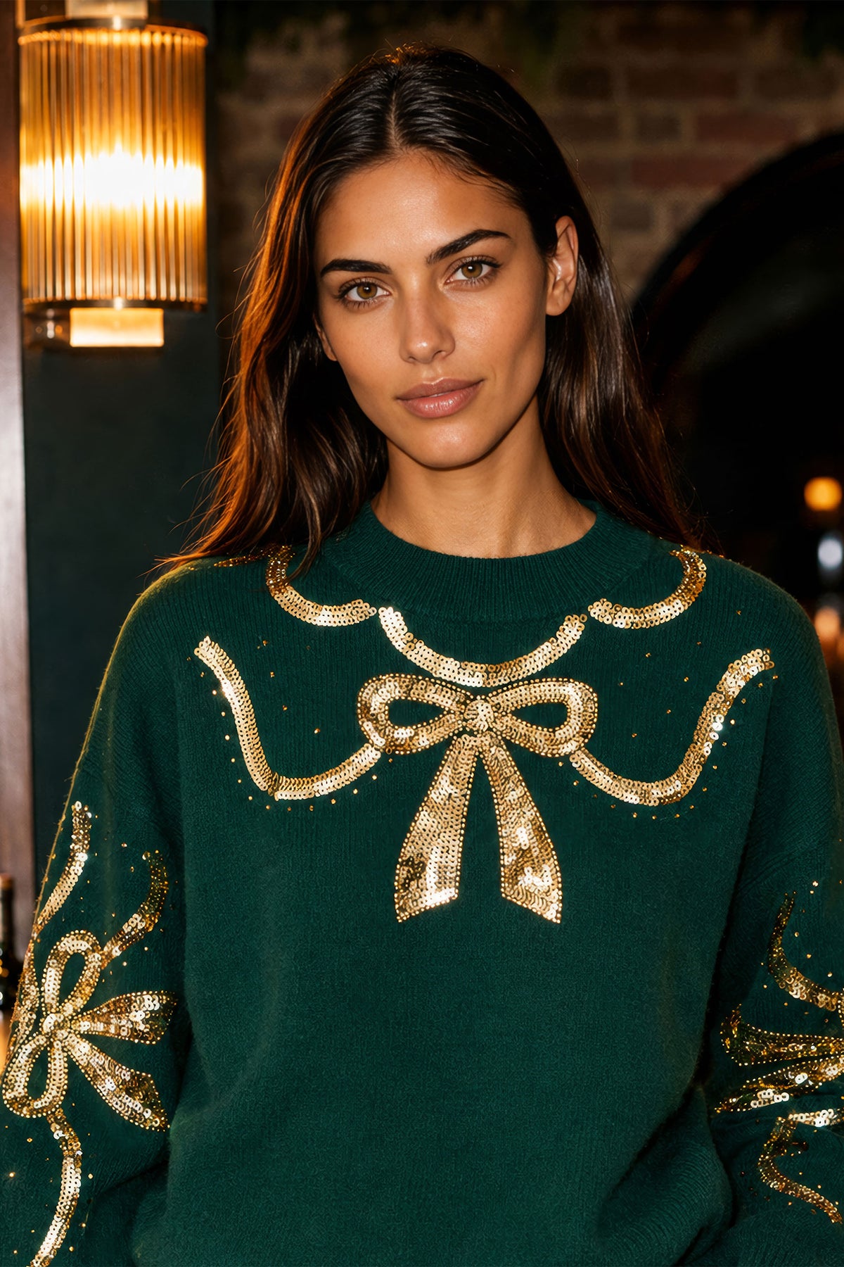 Yumi Green Sequinned Bow Neckline Jumper
